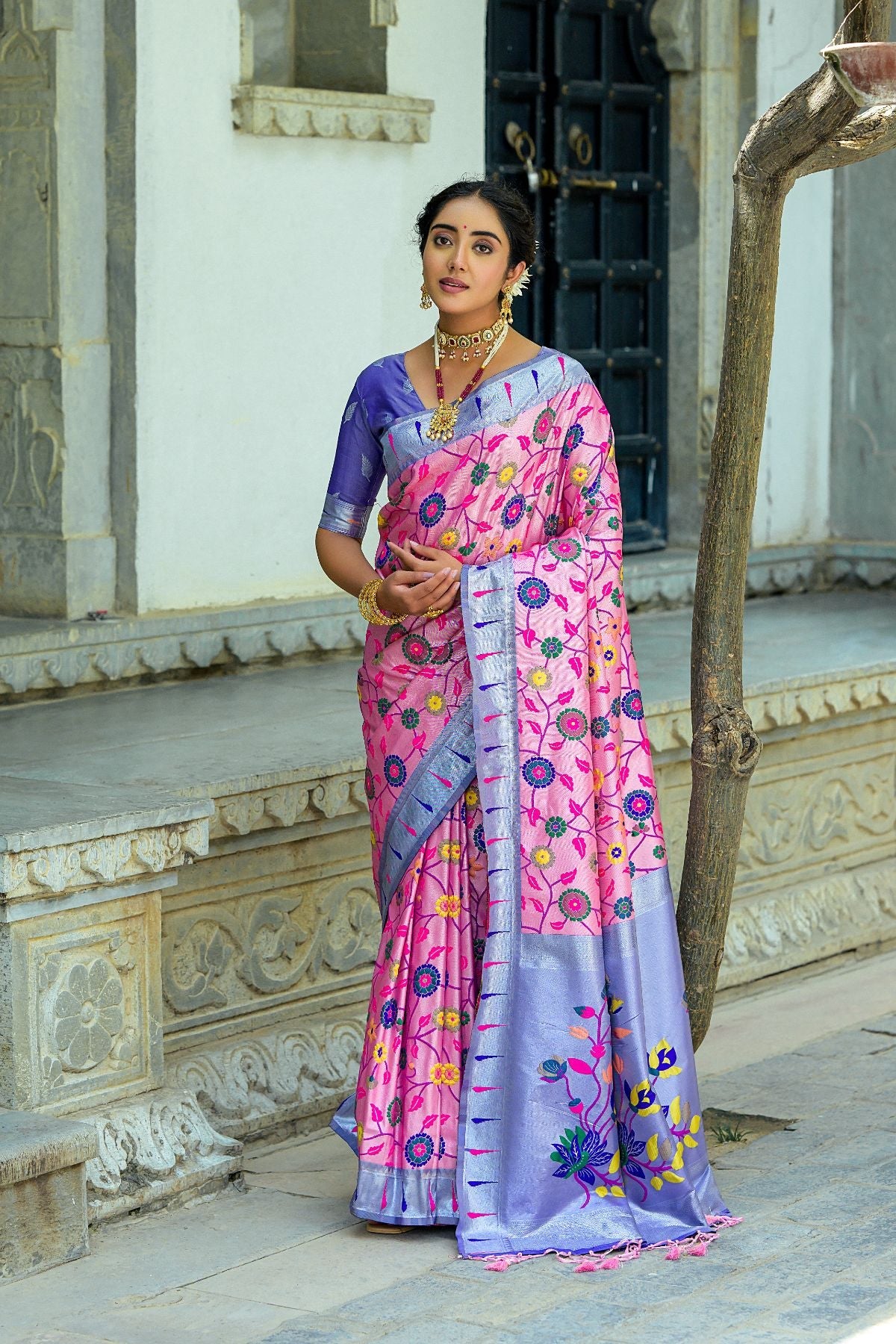 Buy MySilkLove Lotus Pink and Blue Woven Paithani Saree Online