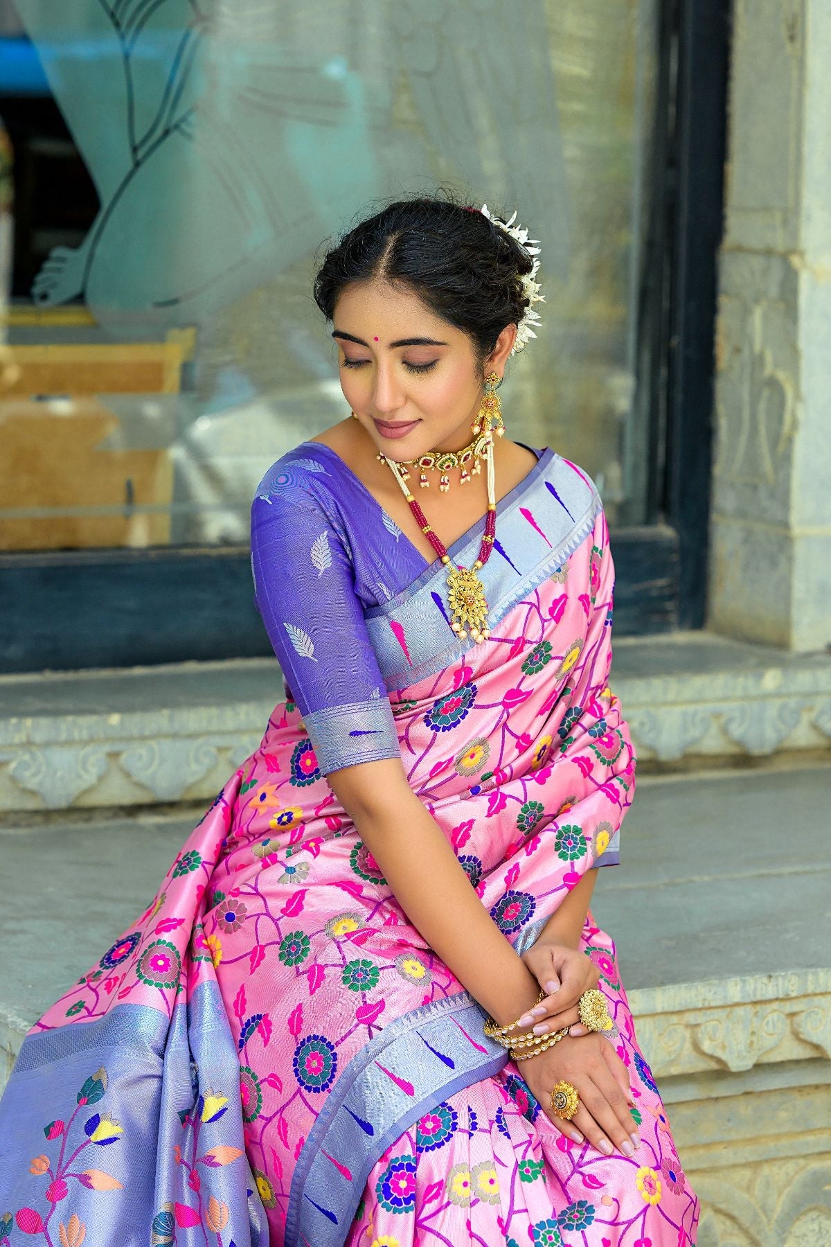 MySilkLove Lotus Pink and Blue Woven Paithani Saree