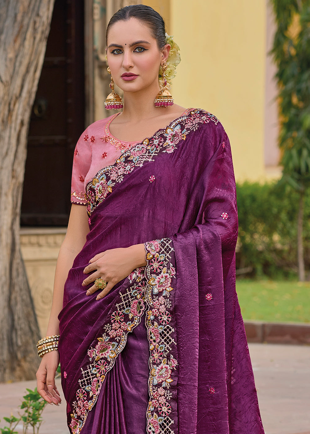 Embroidery Organza Pattu Sarees Online Buy Cosmic Purple Tissue