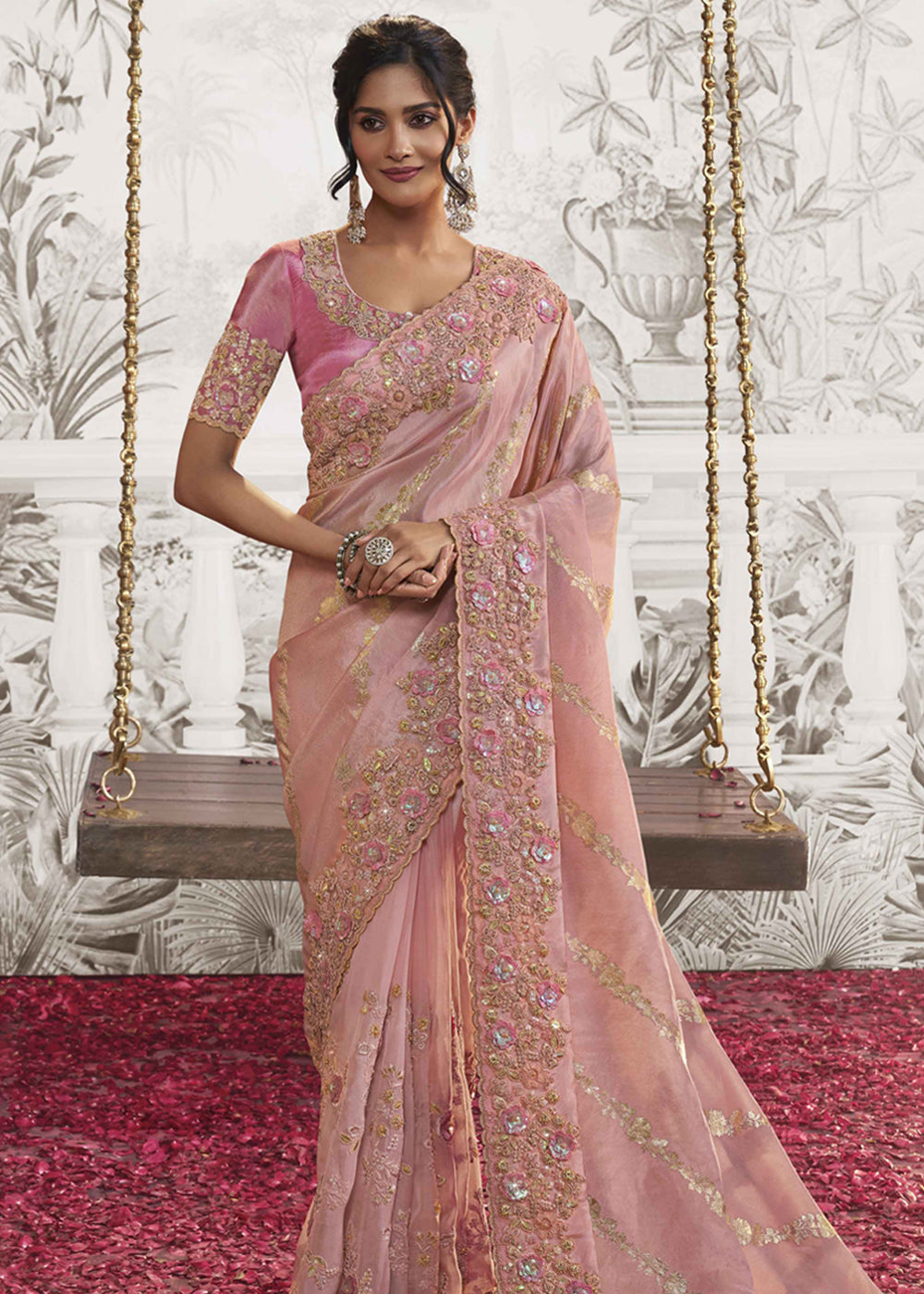 Buy MySilkLove Flamingo Pink Embroidered Designer Silk Saree Online