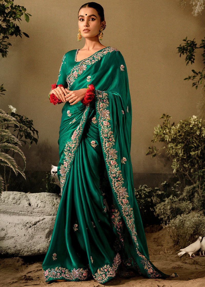 Forest Green Embroidery Designer Banarasi Dola Silk Saree