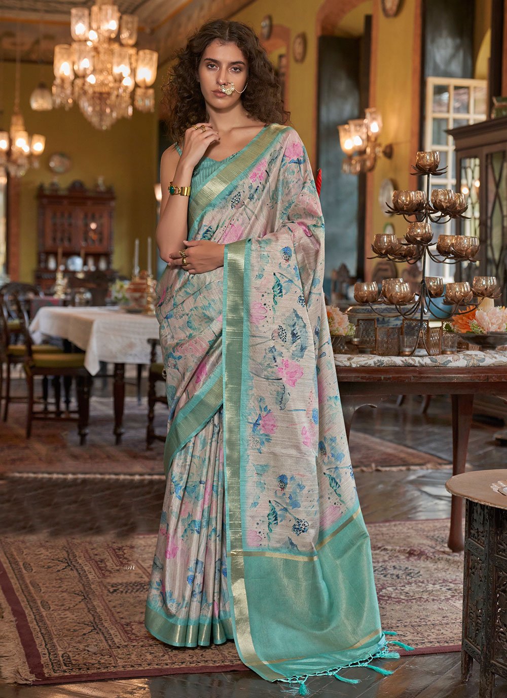 Buy MySilkLove Faded Jade Green Banarasi Floral Printed Saree Online