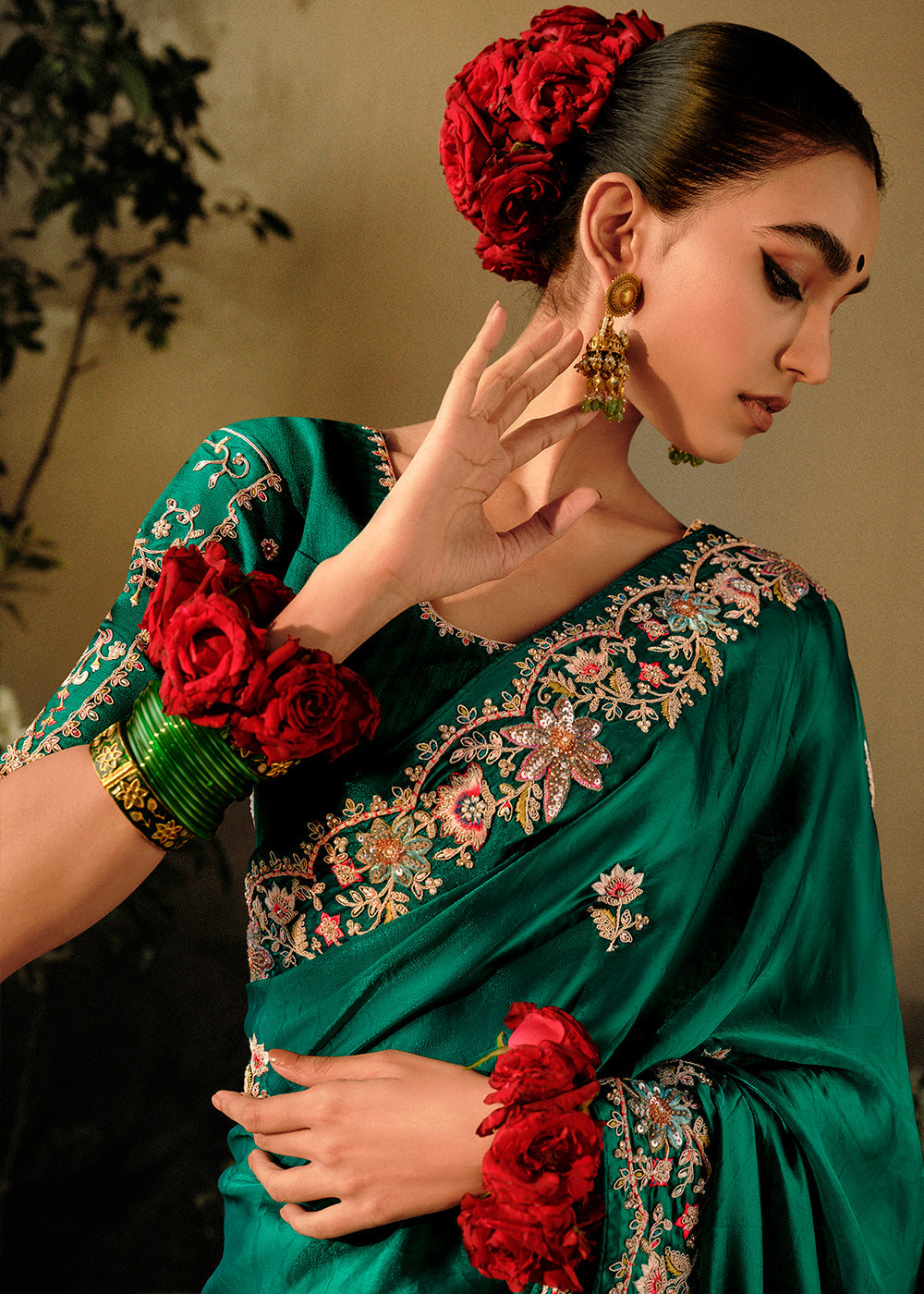 MySilkLove Forest Green Embroidery Designer Banarasi Dola Silk Saree