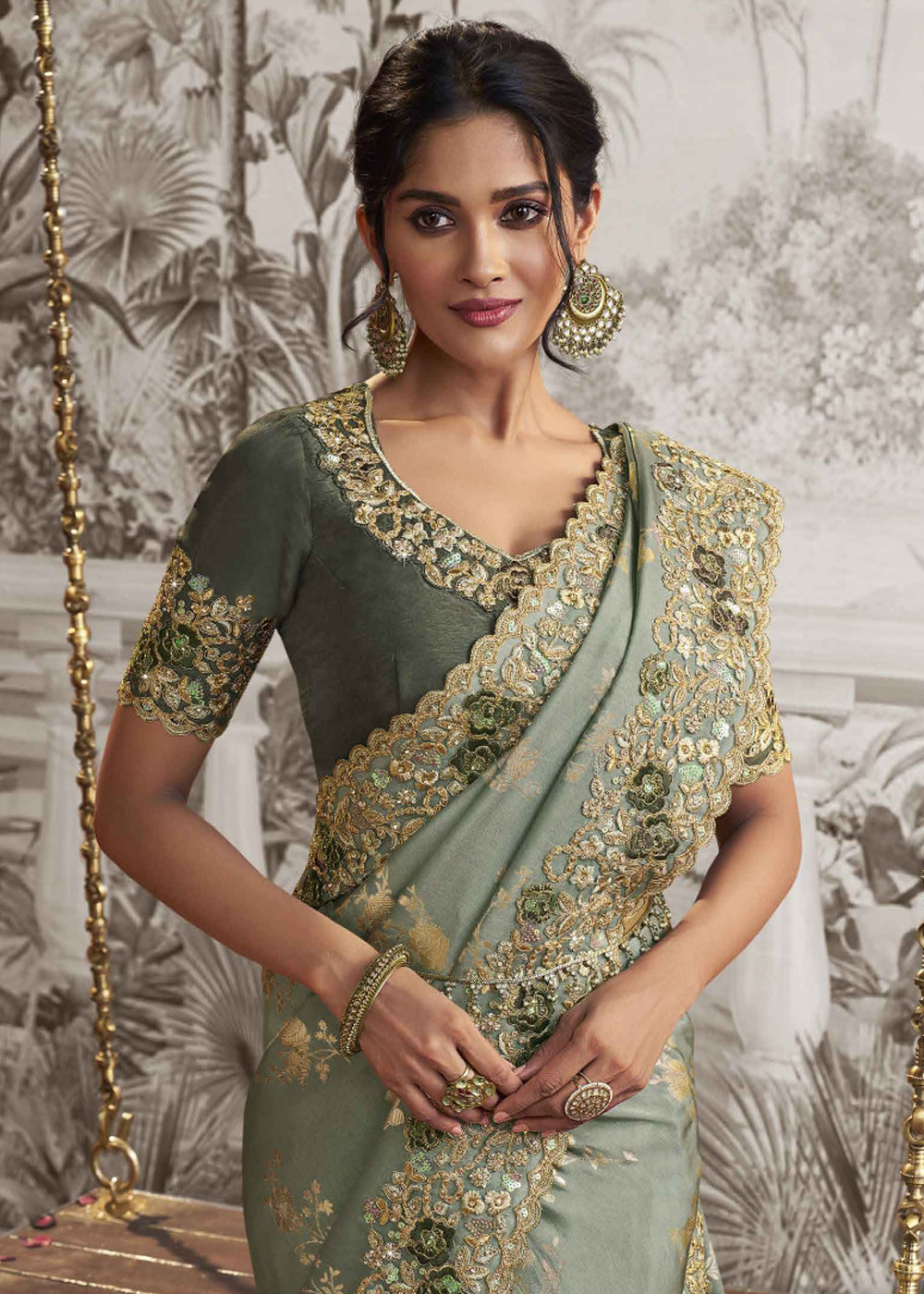 Buy MySilkLove Laurel Green Embroidered Designer Silk Saree Online