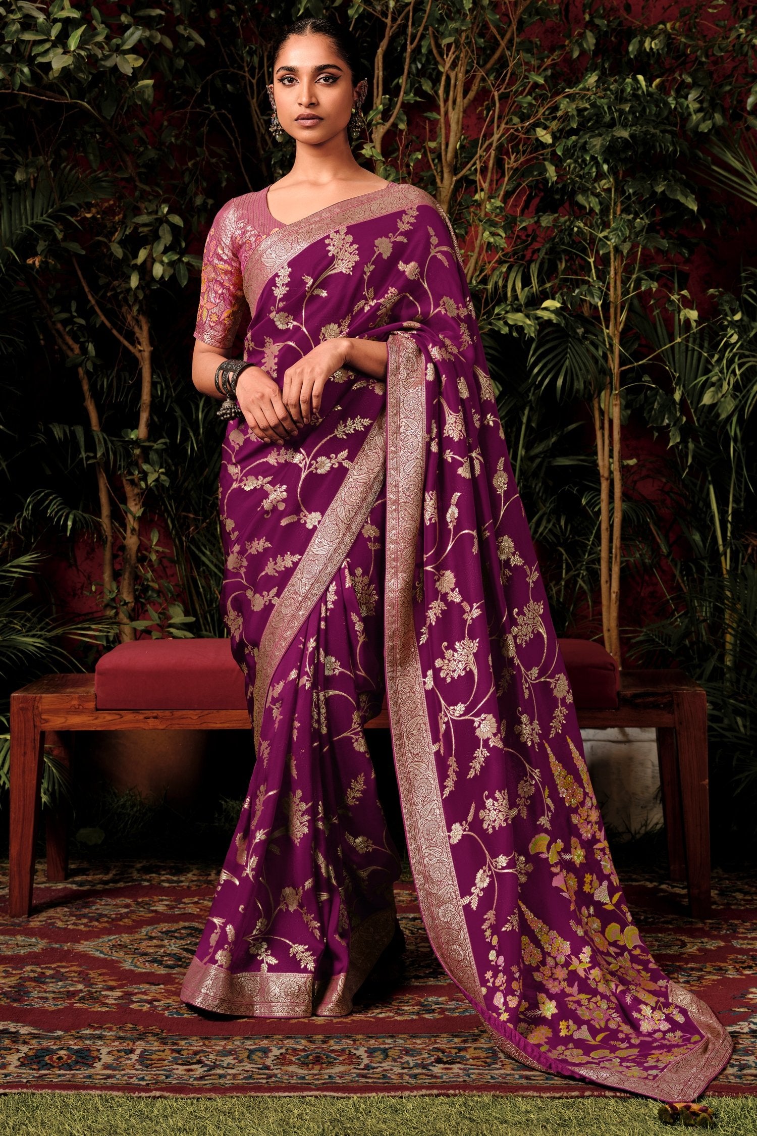 MySilkLove Wine Berry Purple Woven Designer Banarasi Silk Saree