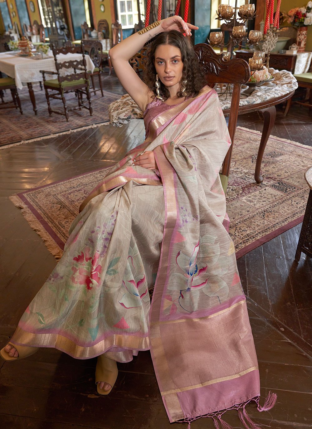 Buy MySilkLove Pink Pearl Banarasi Floral Printed Saree Online