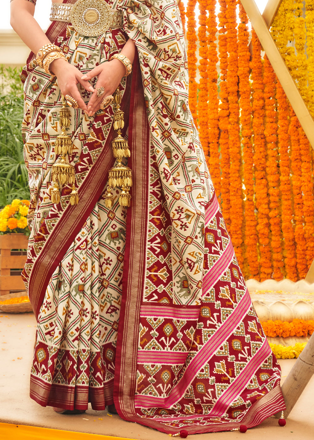 Buy MySilkLove Nvajo White and Brown Printed Patola Silk Saree Online