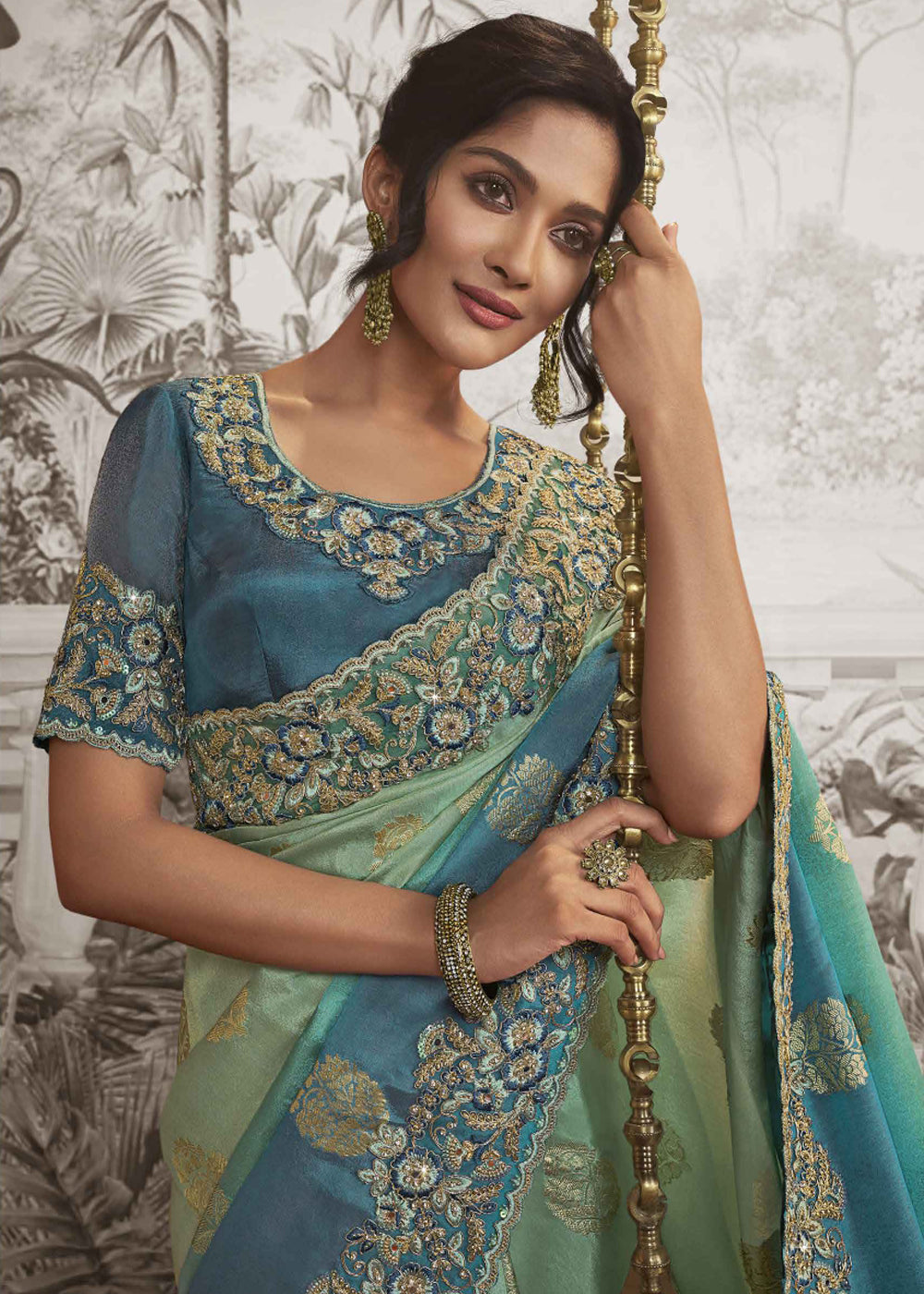 Buy MySilkLove Windows Blue Embroidered Designer Silk Saree Online