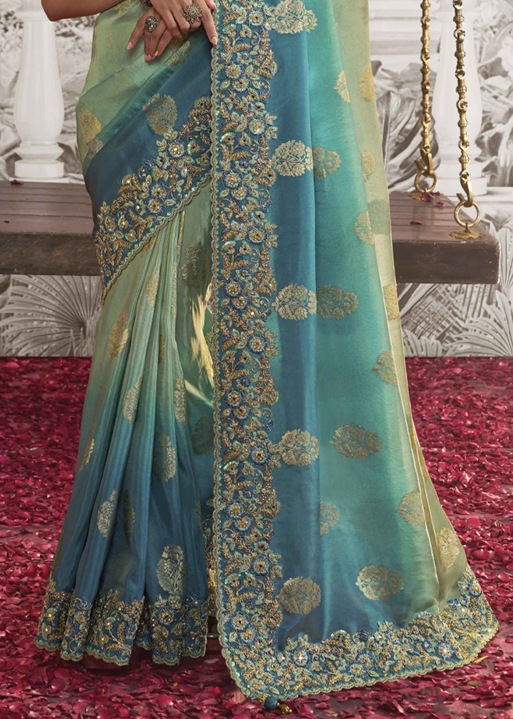 Buy MySilkLove Windows Blue Embroidered Designer Silk Saree Online