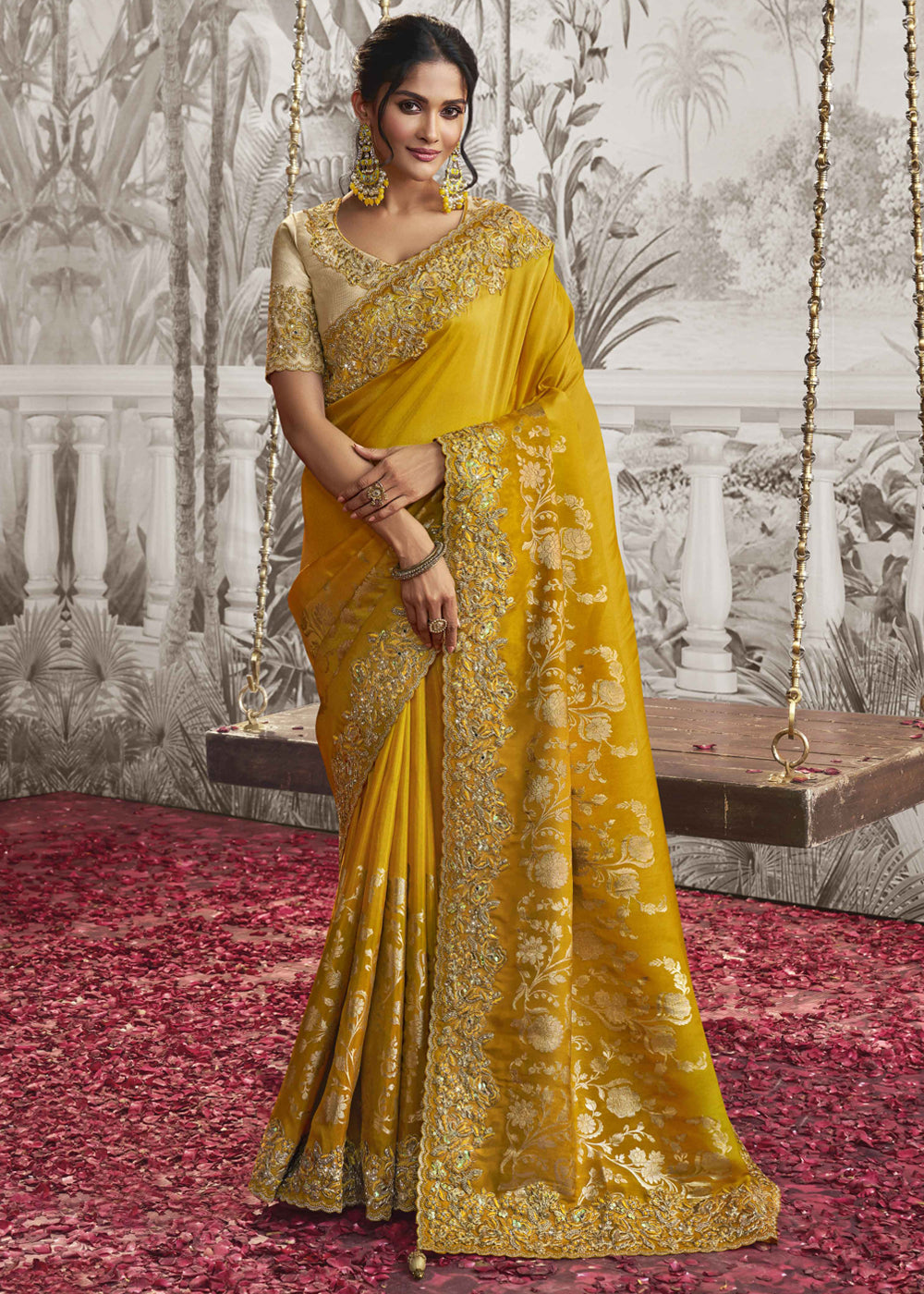 Buy MySilkLove Cyber Yellow Embroidered Designer Silk Saree Online