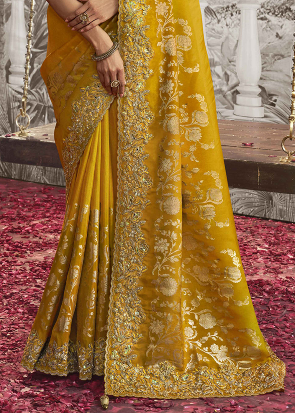 Buy MySilkLove Cyber Yellow Embroidered Designer Silk Saree Online