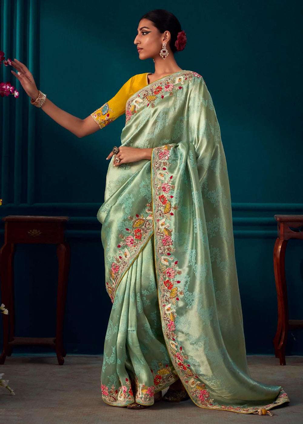 MySilkLove Schist Green Woven Embroidered Banarasi Silk Saree