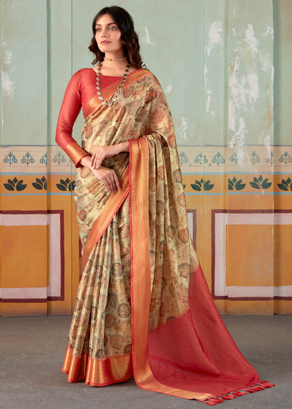 Buy MySilkLove Mongoose Brown and Red Banarasi Tissue Silk Saree Online