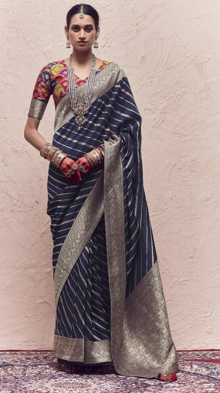 Buy MySilkLove Dark Blue Designer Banarasi Handloom Silk Saree Online