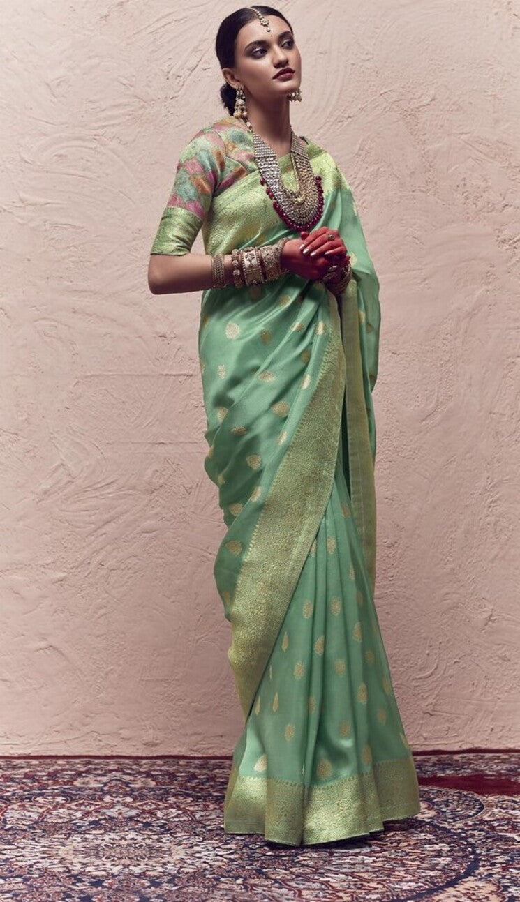 Buy MySilkLove Timber Green Designer Banarasi Handloom Silk Saree Online