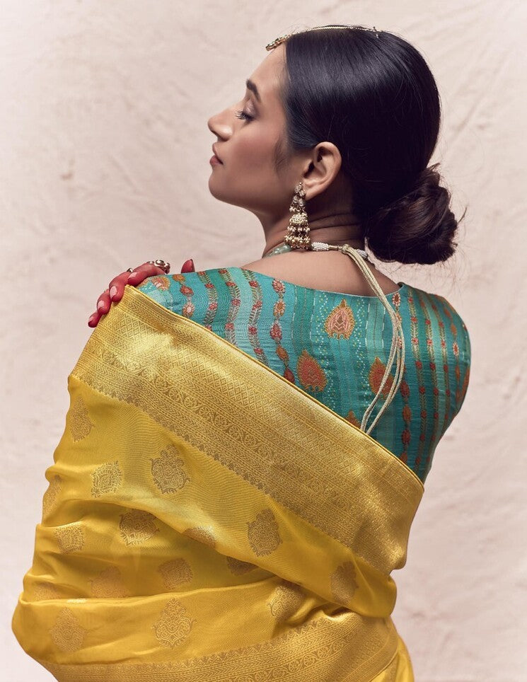 Buy MySilkLove Orche Yellow Designer Banarasi Handloom Silk Saree Online