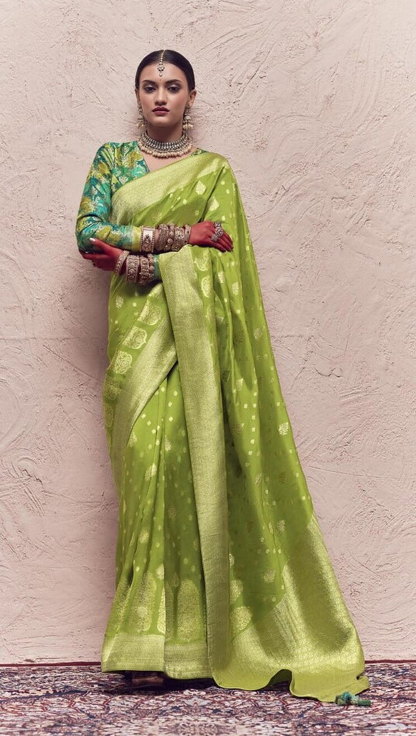 Fresh Leaf Green Designer Banarasi Handloom Silk Saree