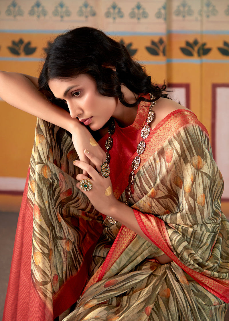 Sandal Banaras Satin Silk Saree