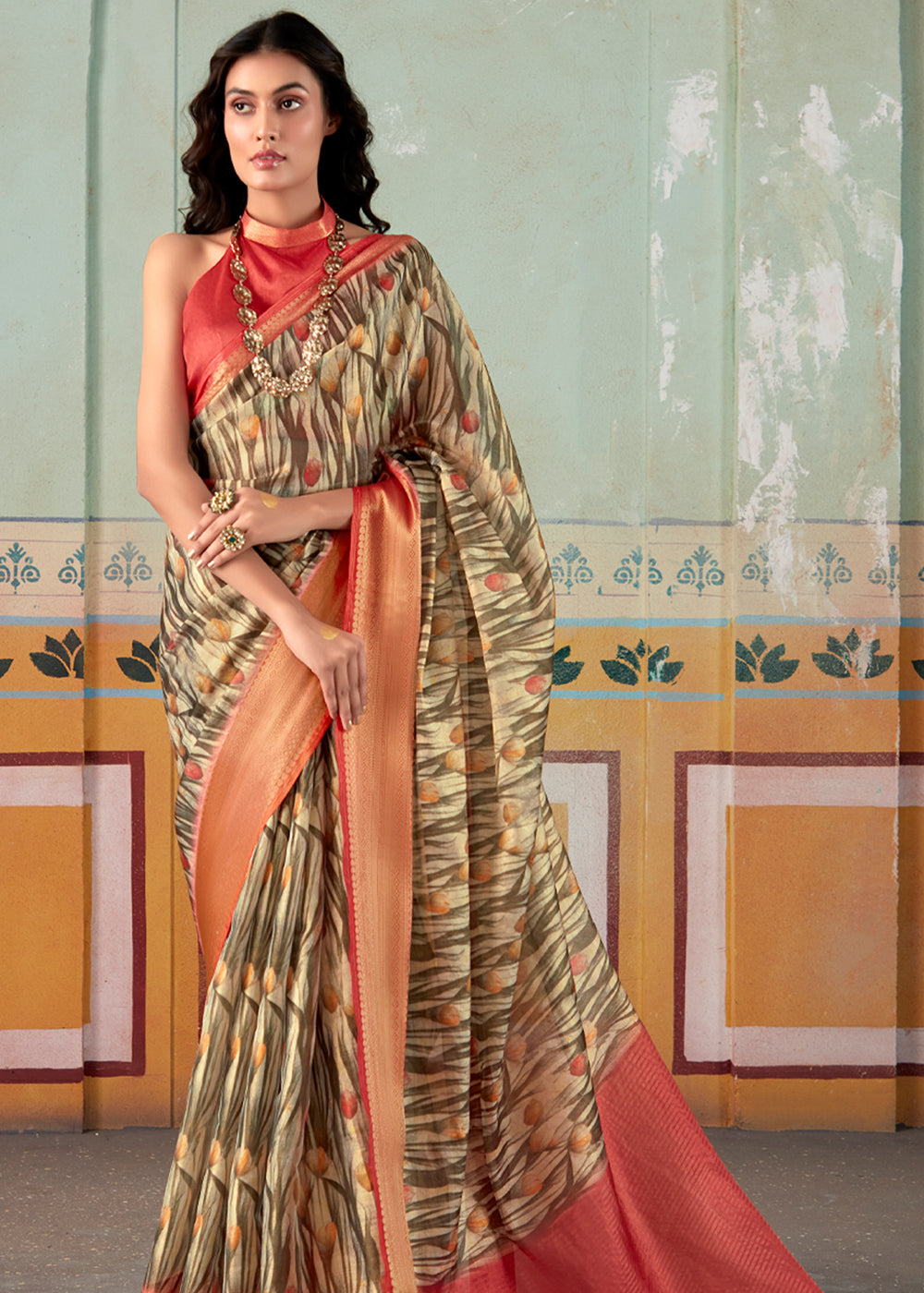 Buy MySilkLove Sandal Brown and Red Banarasi Tissue Silk Saree Online