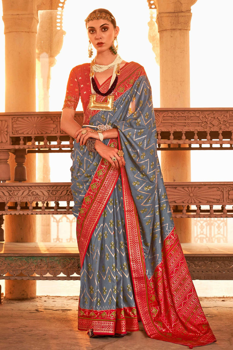 Nevada Grey and Red Printed Patola Silk Saree