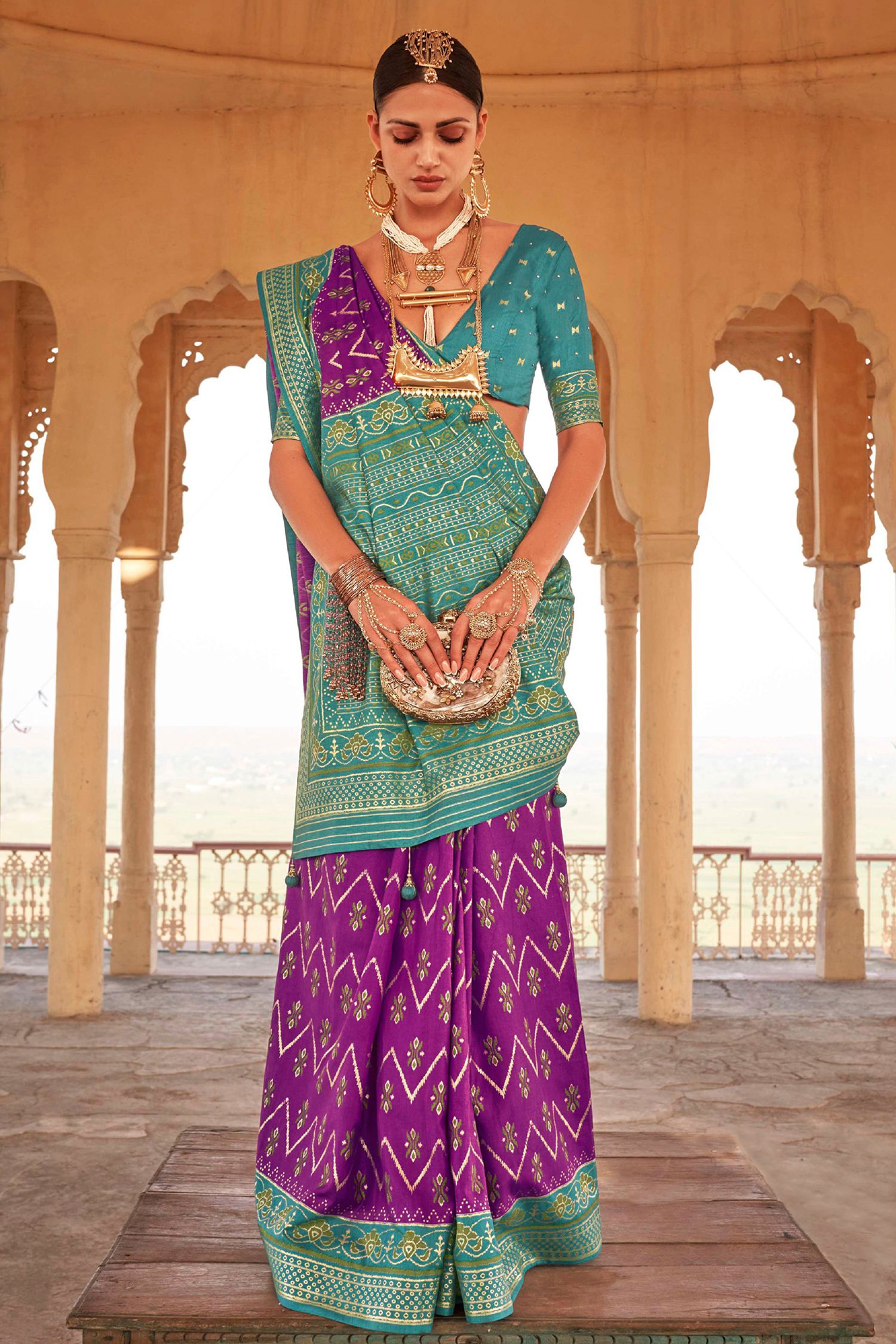 Buy MySilkLove Royal Heath Purple and Blue Printed Patola Silk Saree Online