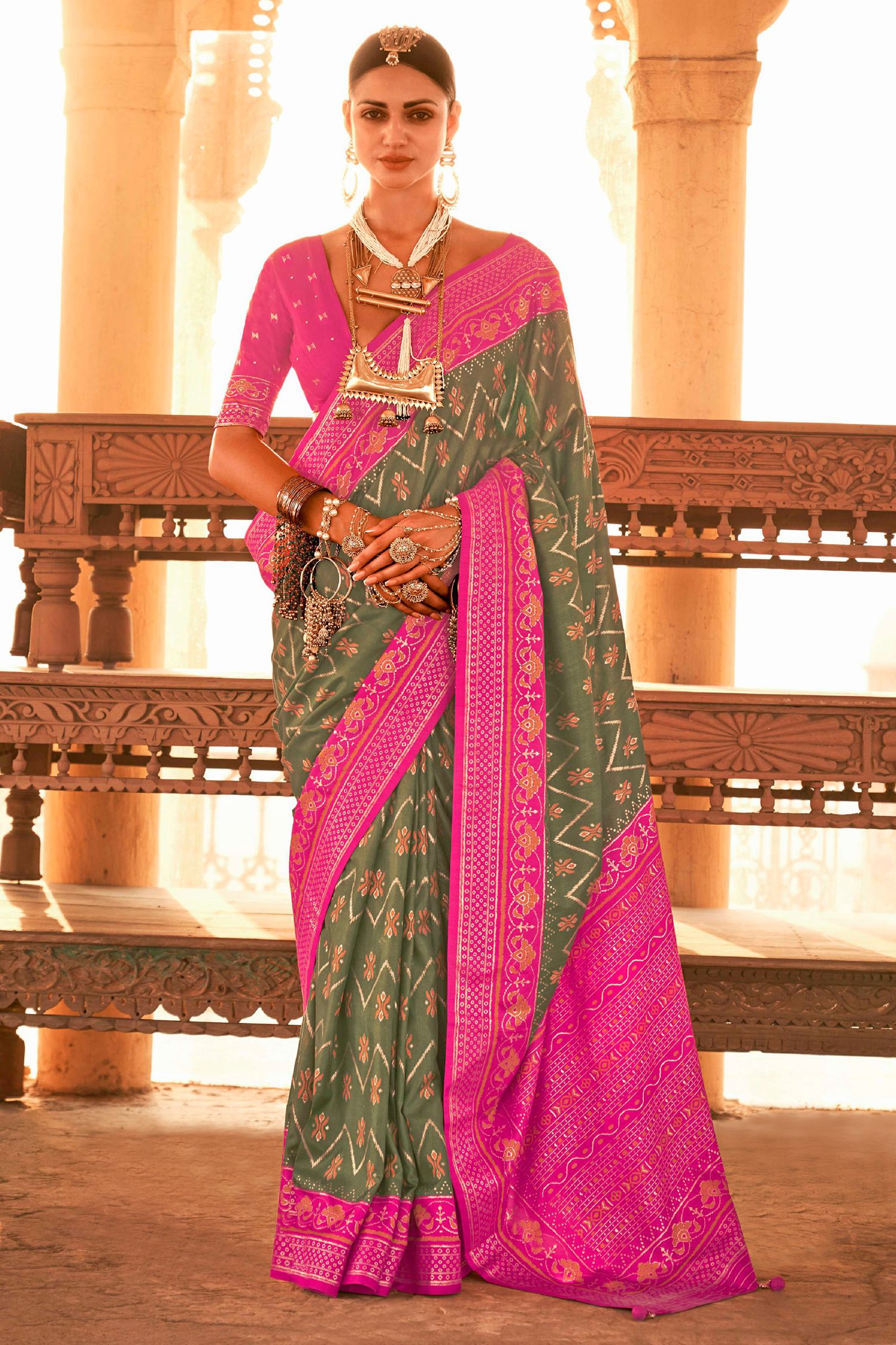 Buy MySilkLove Go Ben and Pink Printed Patola Silk Saree Online