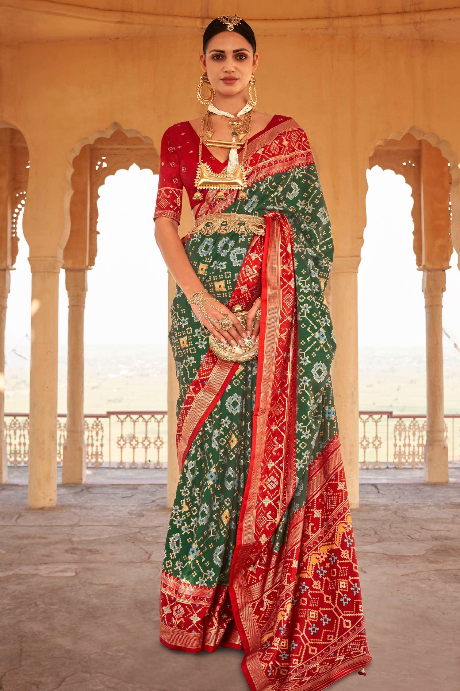 Buy MySilkLove Axolotl Green and Red Handloom Patola Silk Saree Online