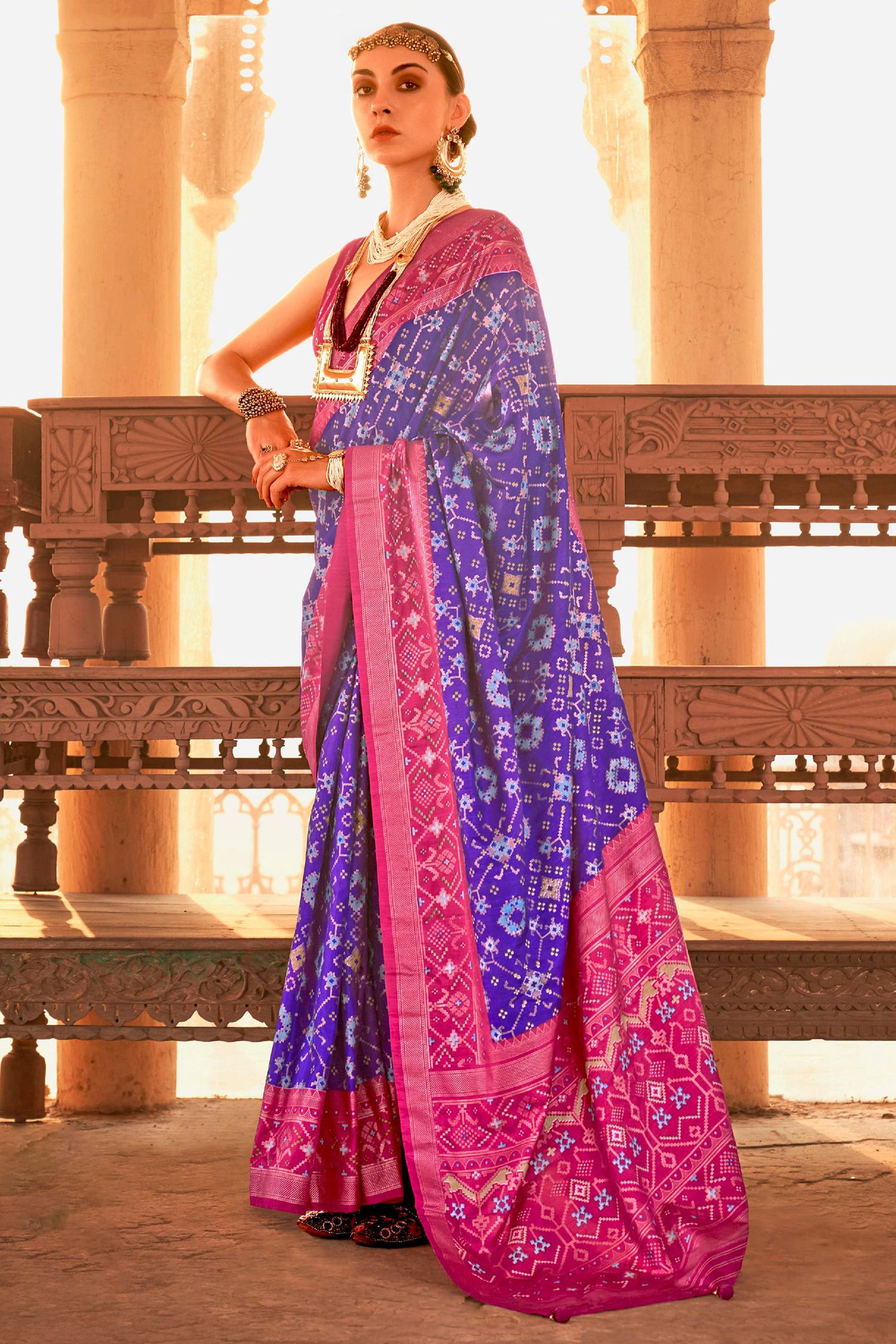 Buy MySilkLove Wisteria Purple and Pink Printed Patola Silk Saree Online