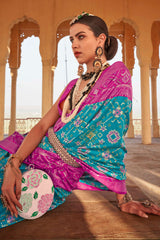 Eastern Blue and Pink Printed Patola Silk Saree