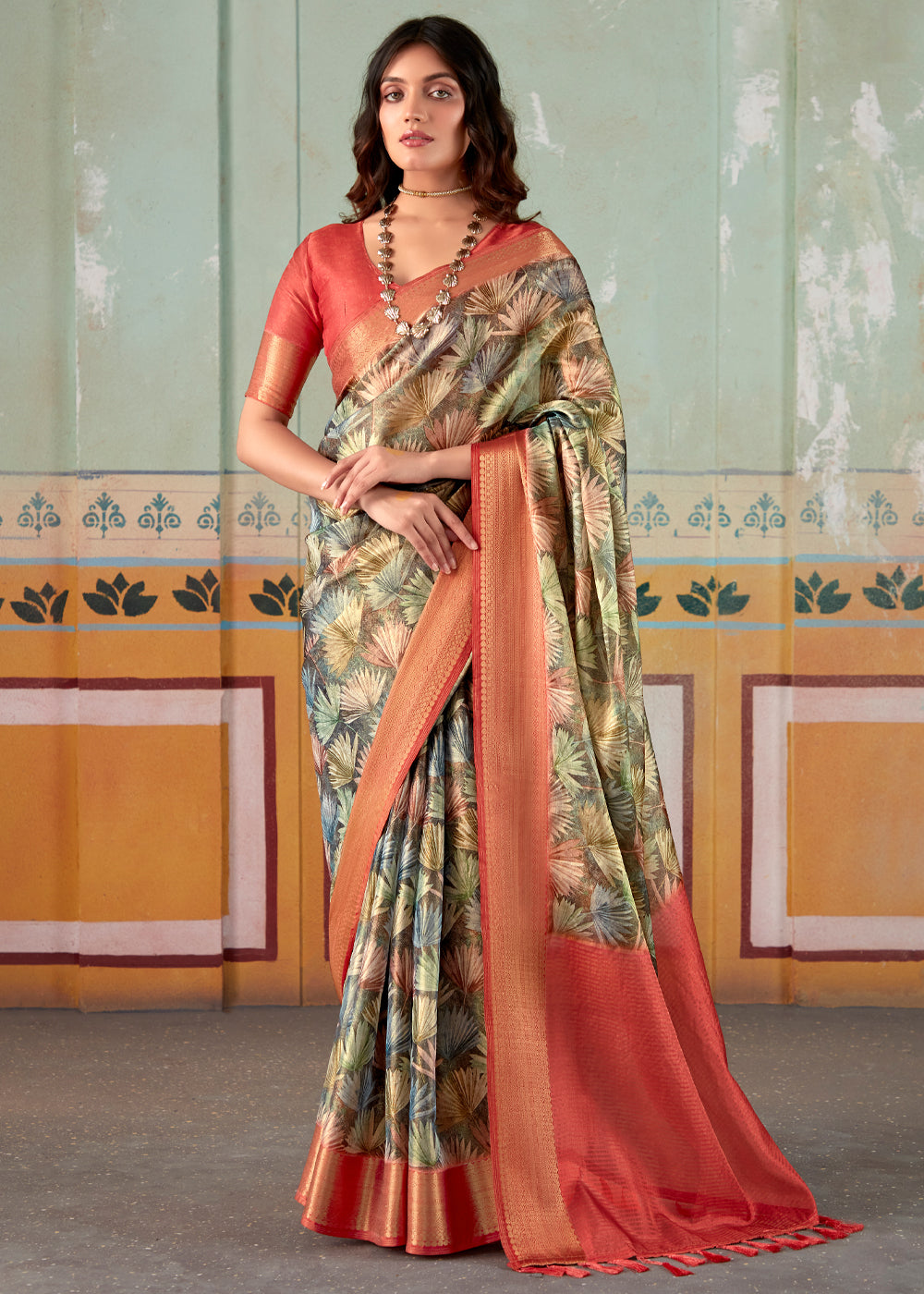 Buy MySilkLove Shadow Green and Red Banarasi Tissue Silk Saree Online
