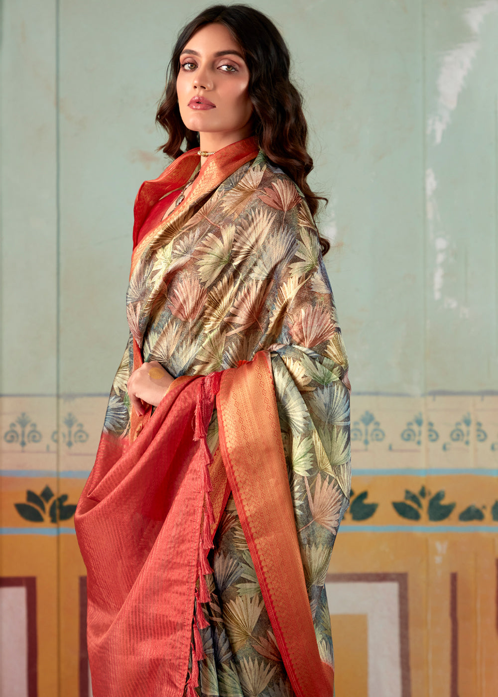 MySilkLove Shadow Green and Red Banarasi Tissue Silk Saree