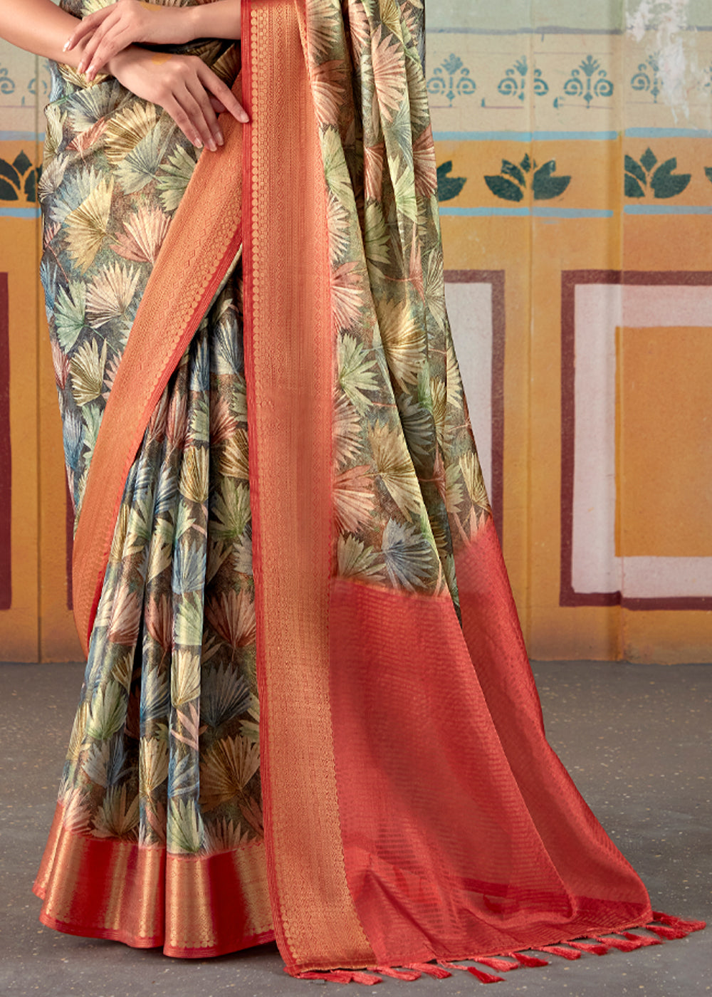 Buy MySilkLove Shadow Green and Red Banarasi Tissue Silk Saree Online