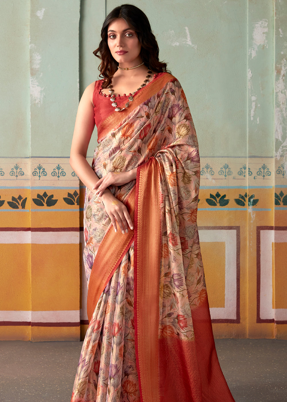 Buy MySilkLove Rose Bud Pink and Red Banarasi Tissue Silk Saree Online