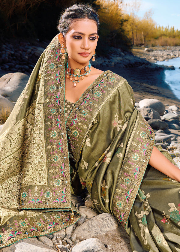 Gold Fusion Green Zari Woven Embroidery Designer Banarasi Saree