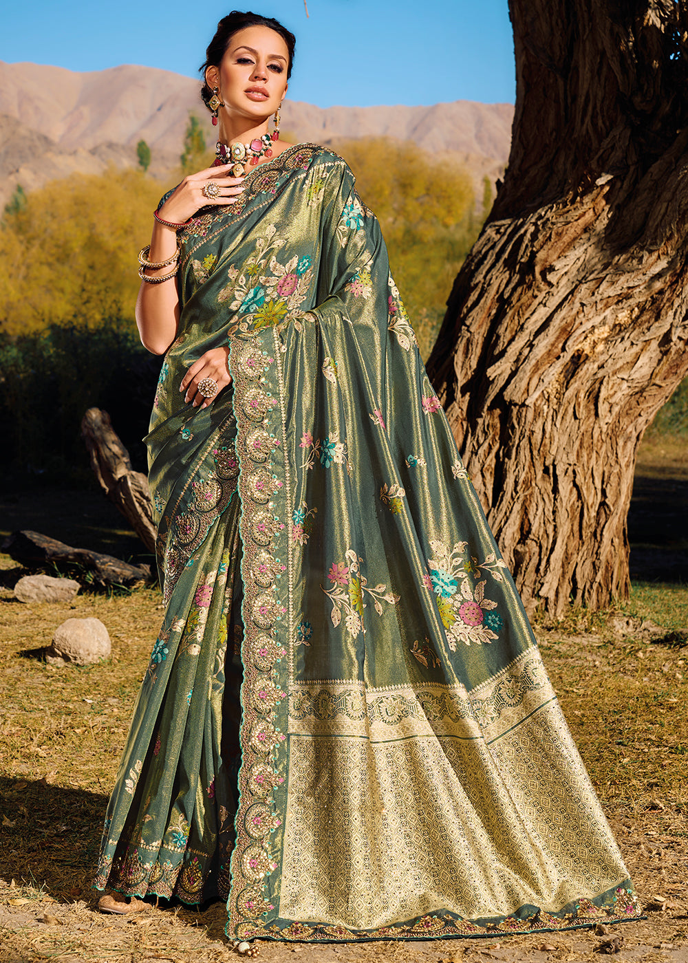 MySilkLove Limed Ash Green Zari Woven Embroidery Designer Banarasi Saree