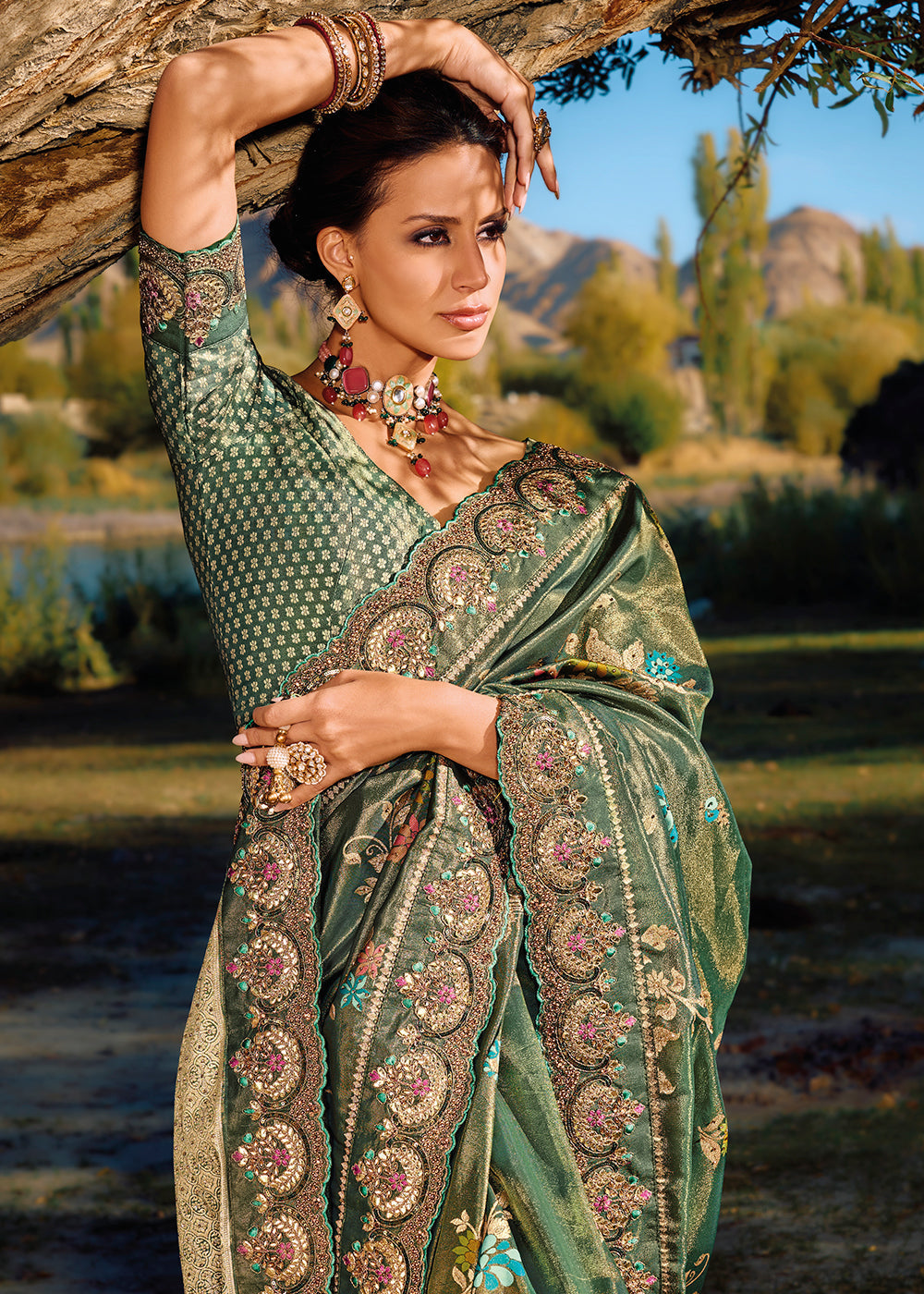 Buy MySilkLove Limed Ash Green Zari Woven Embroidery Designer Banarasi Saree Online