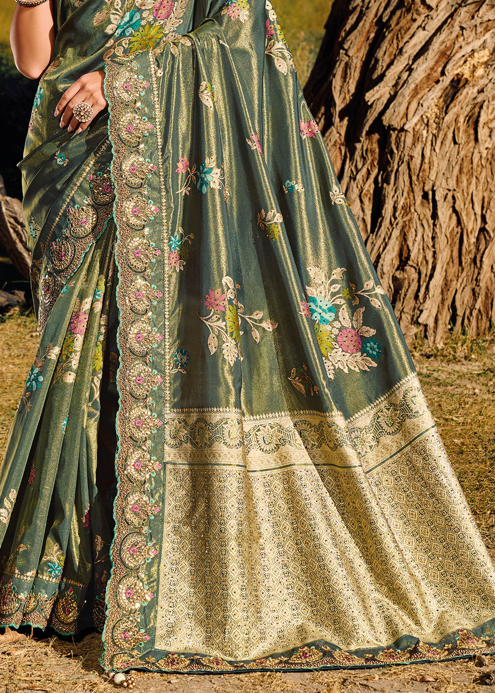 Buy MySilkLove Limed Ash Green Zari Woven Embroidery Designer Banarasi Saree Online