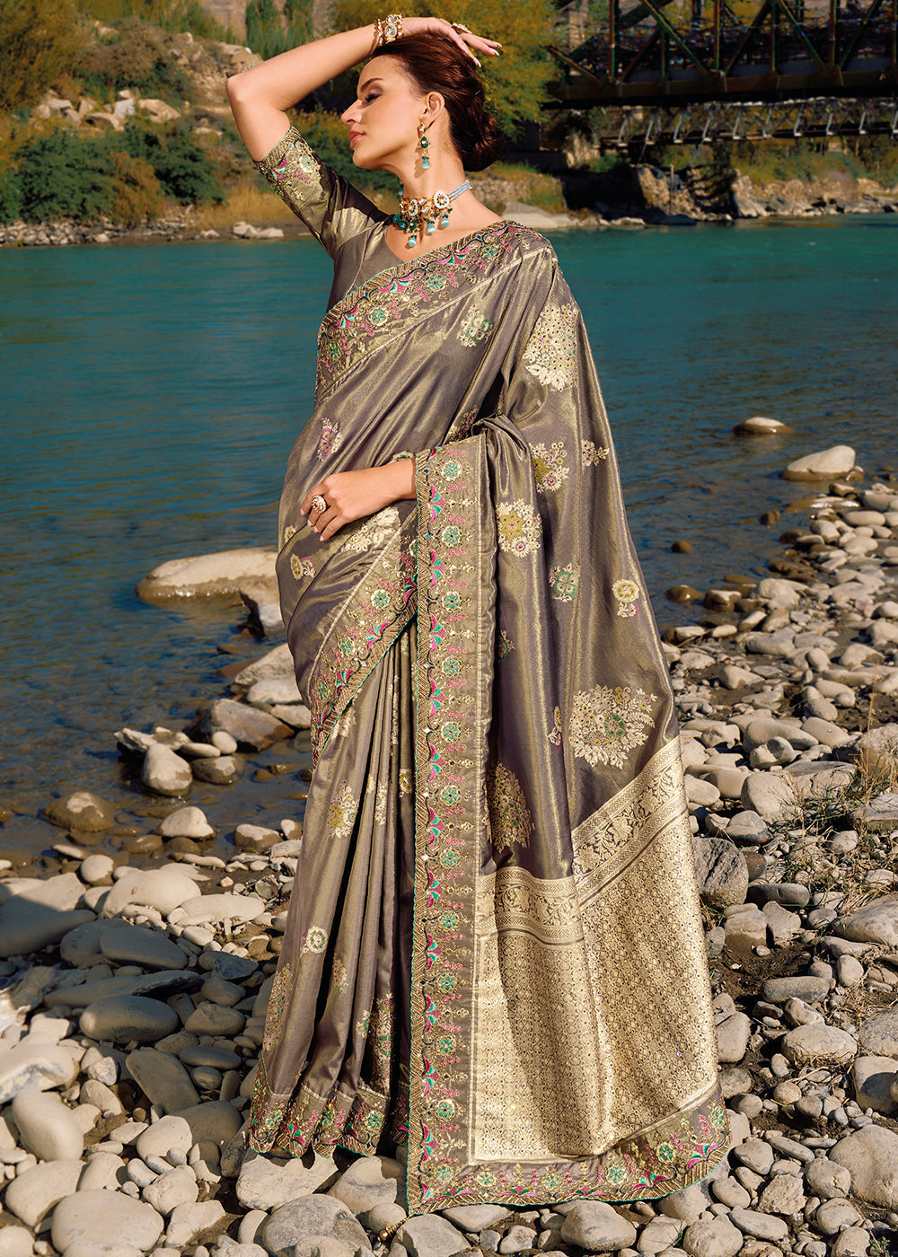 MySilkLove Sandrift Grey Zari Woven Embroidery Designer Banarasi Saree