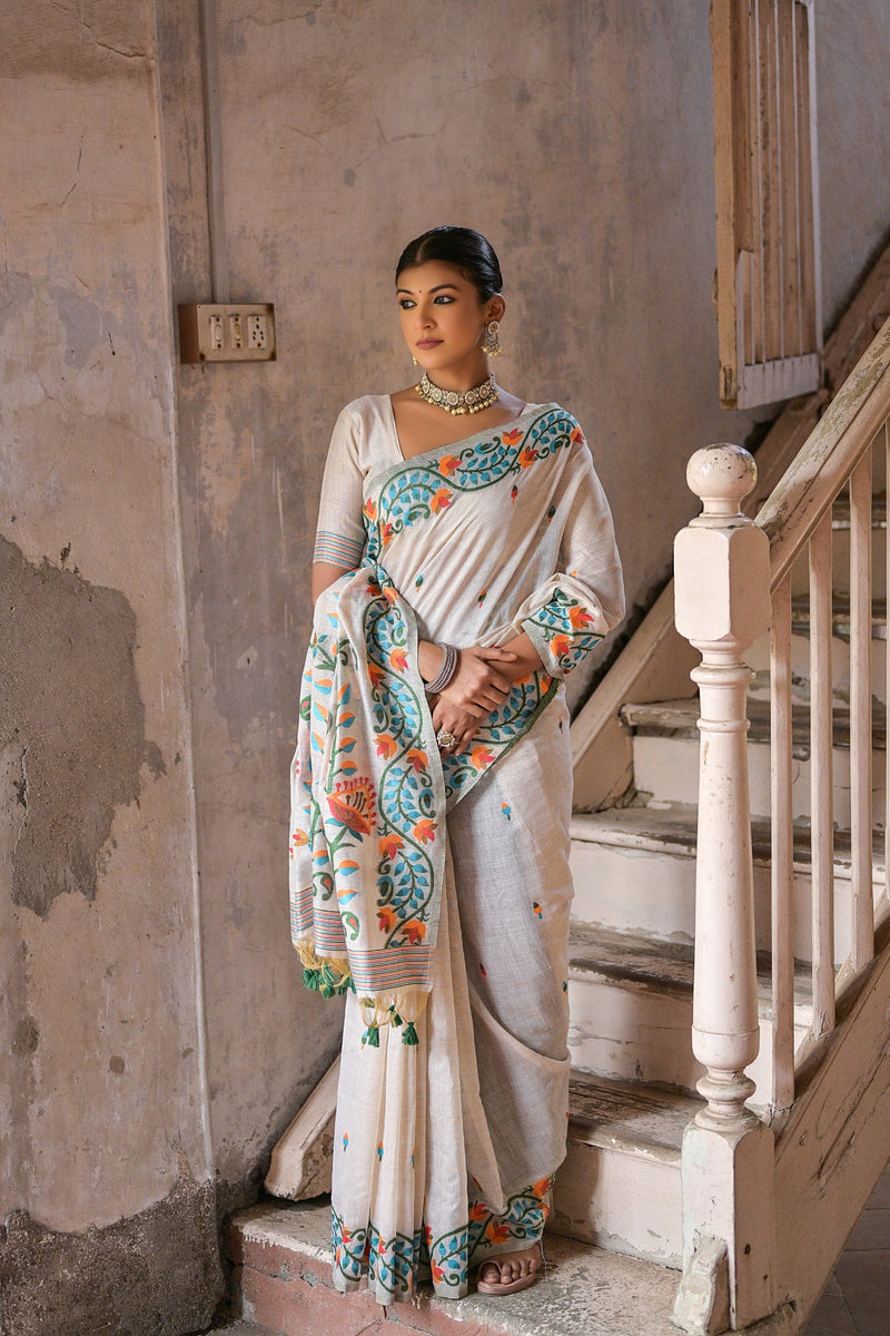 Off-White Soft Handloom Saree With Gold Zari Border – Balaram Saha