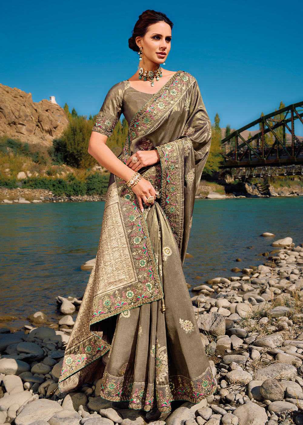 Buy MySilkLove Sandrift Grey Zari Woven Embroidery Designer Banarasi Saree Online