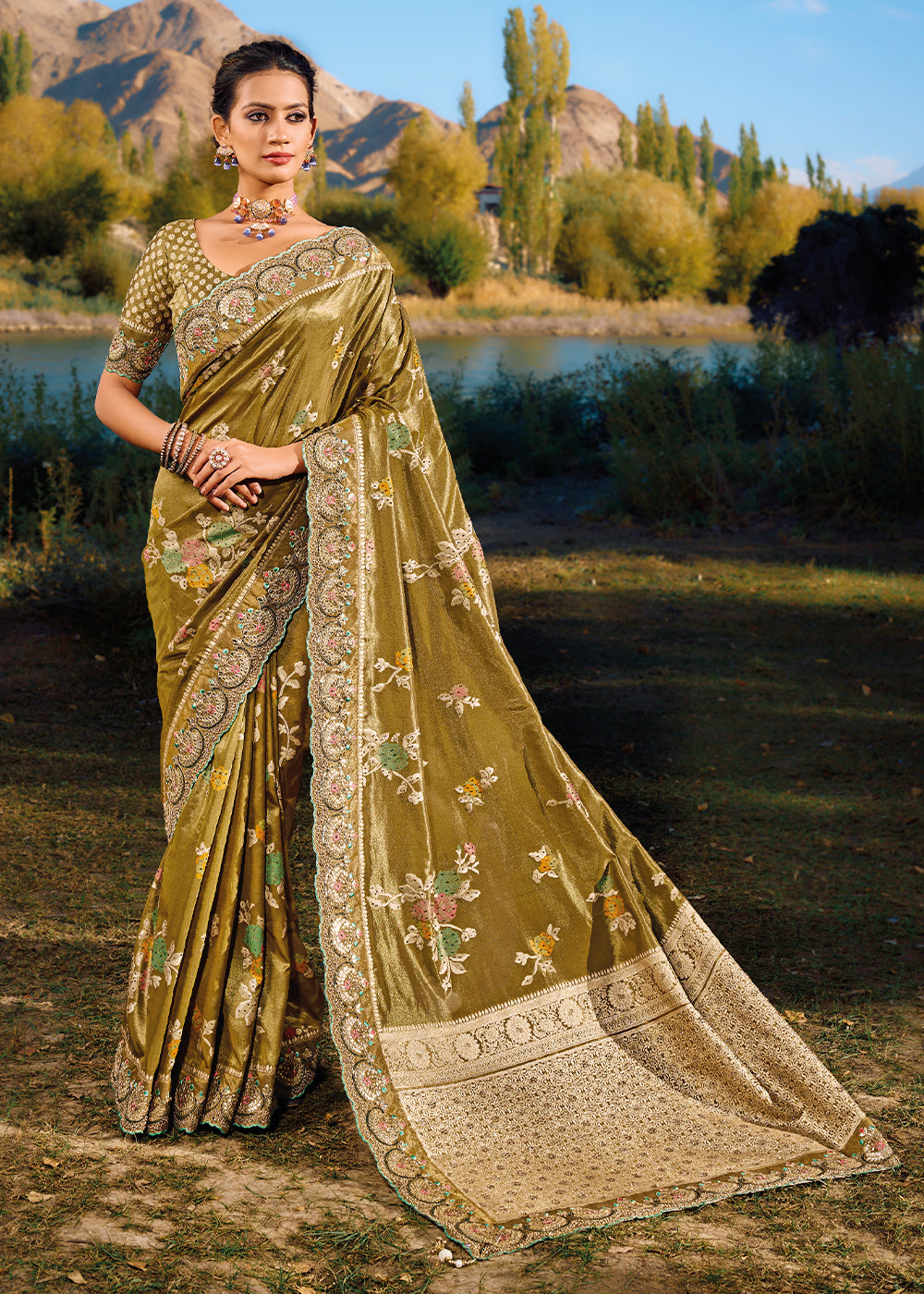 Buy MySilkLove Muddy Waters Brown and Green Zari Woven Embroidery Designer Banarasi Saree Online