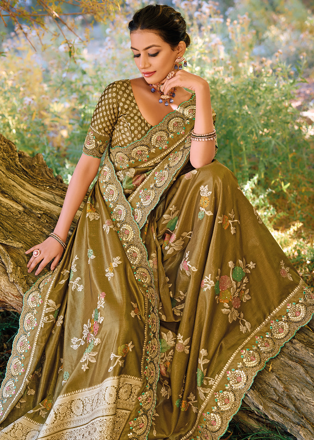 Buy MySilkLove Muddy Waters Brown and Green Zari Woven Embroidery Designer Banarasi Saree Online