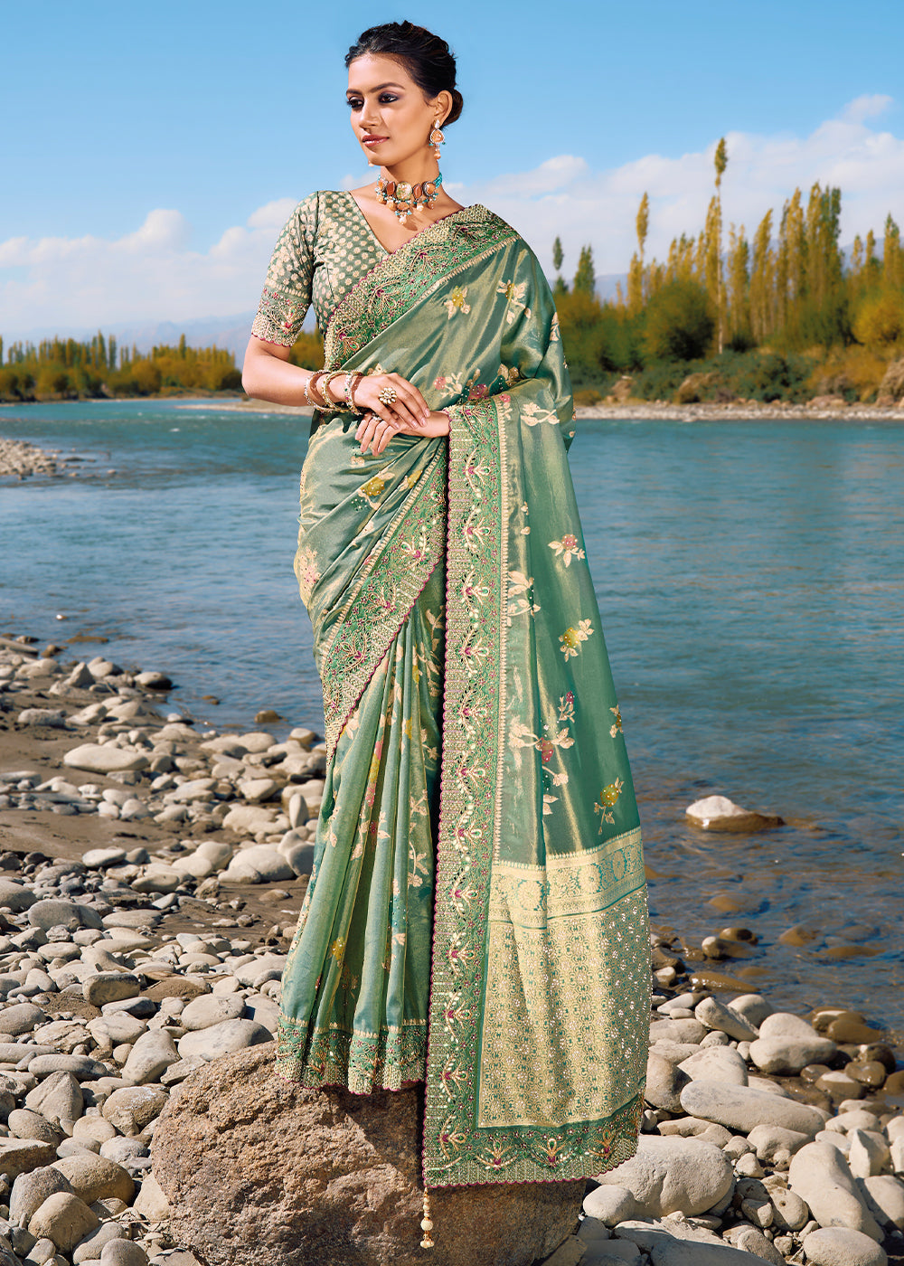 MySilkLove Camouflage Green Zari Woven Embroidery Designer Banarasi Saree