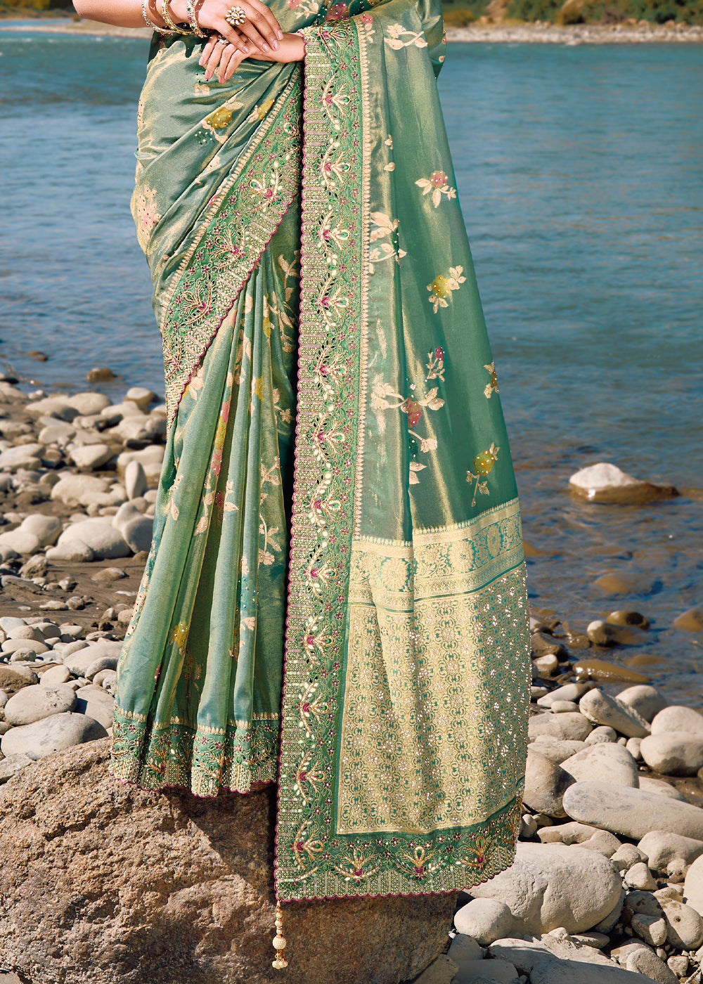 Buy MySilkLove Camouflage Green Zari Woven Embroidery Designer Banarasi Saree Online