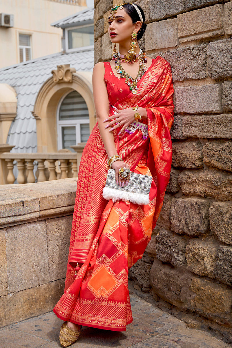 CHILLI RED HEAVY SEQUENCE WORK BAMBER GEORGETTE BLOUSE CONCEPT SAREE -  Pehnawahh