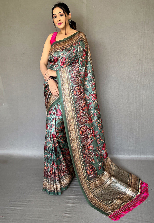 Smoke Green Soft Kalamkari Printed Silk Saree