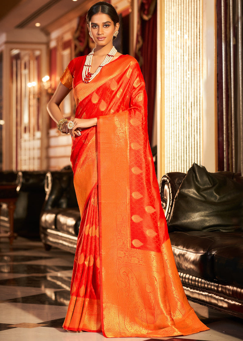 Smashed Pumpkin Orange Woven Banarasi Soft Silk Saree