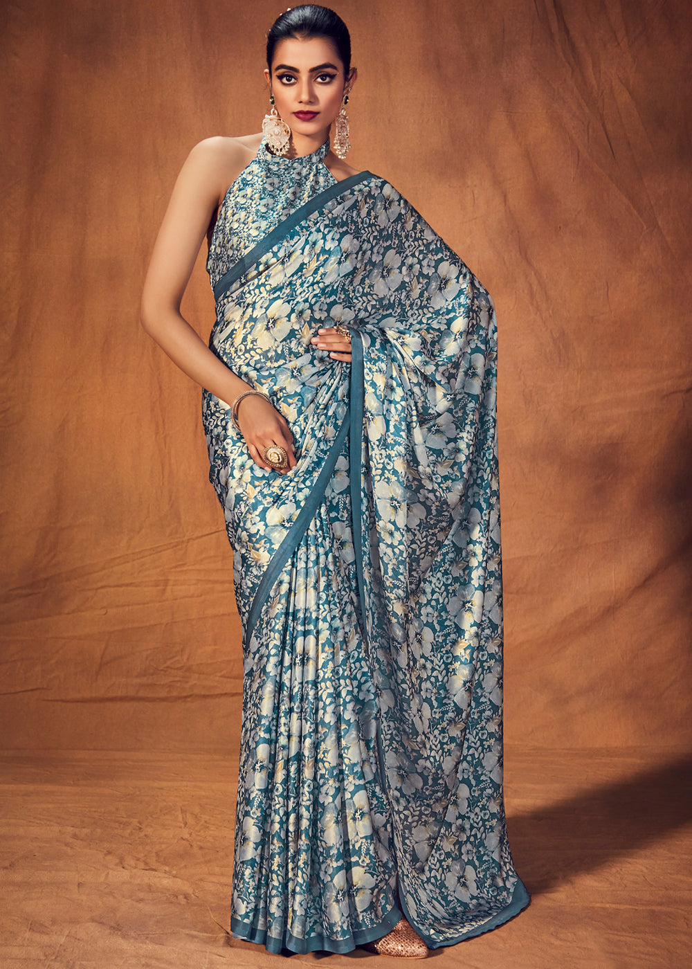 Buy MySilkLove Casal Blue White Digital Printed Satin Silk Saree Online