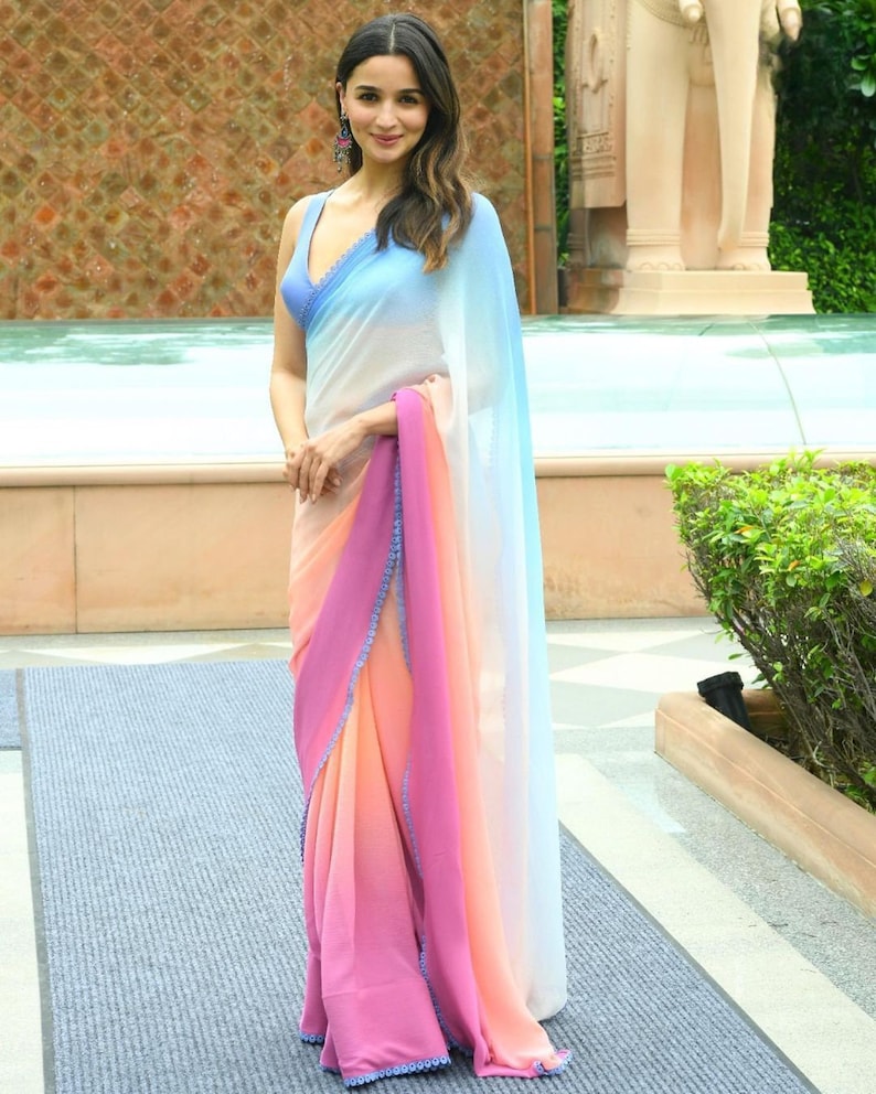 Buy MySilkLove Alia Bhatt Inspired pink and blue soft georgette partywear saree Online