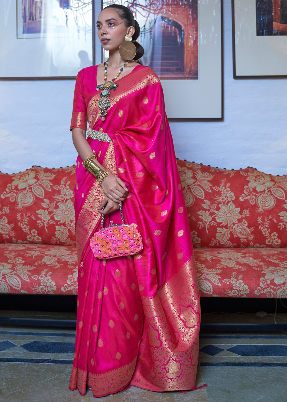 Buy MySilkLove Crimson Pink Dual Tone Zari Woven Banarasi Saree Online